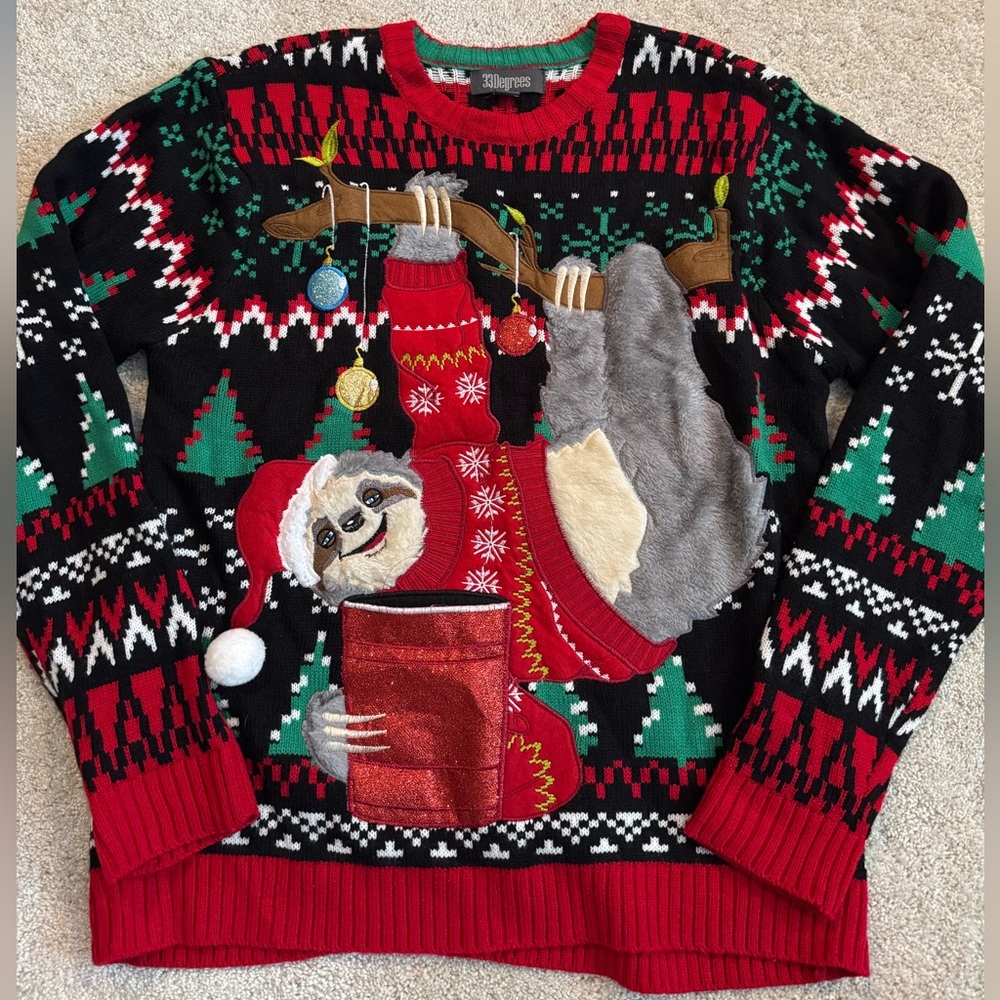Sloth with Drink Holder Ugly Christmas Sweater